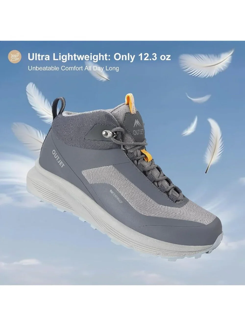 Men's Grey Waterproof Shoes Casual Solid Mid Top Cap Toe Non Slip Hiking Boot